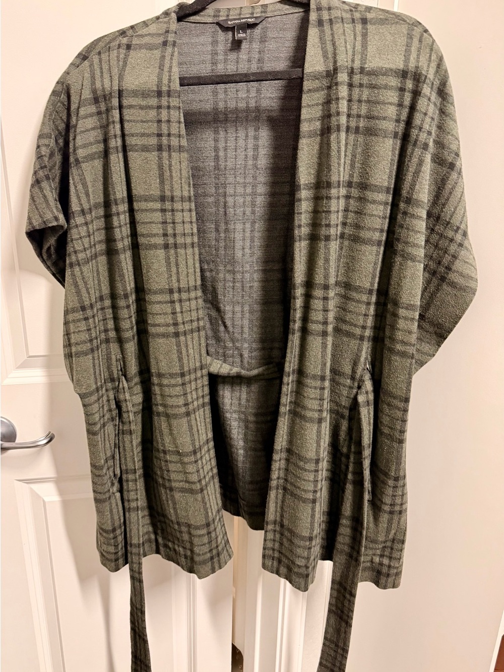 Versatile Plaid Open-Front Belted cape layering staple- Olive Green